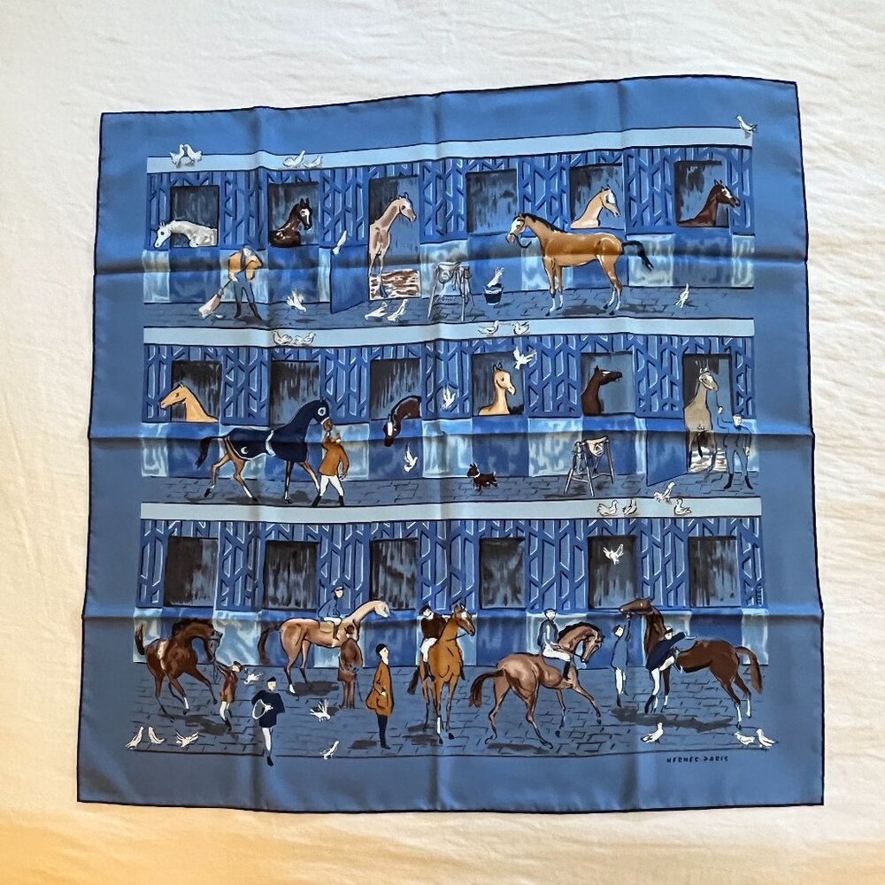 NWOT vintage blue Hermes Les Boxes silk scarf